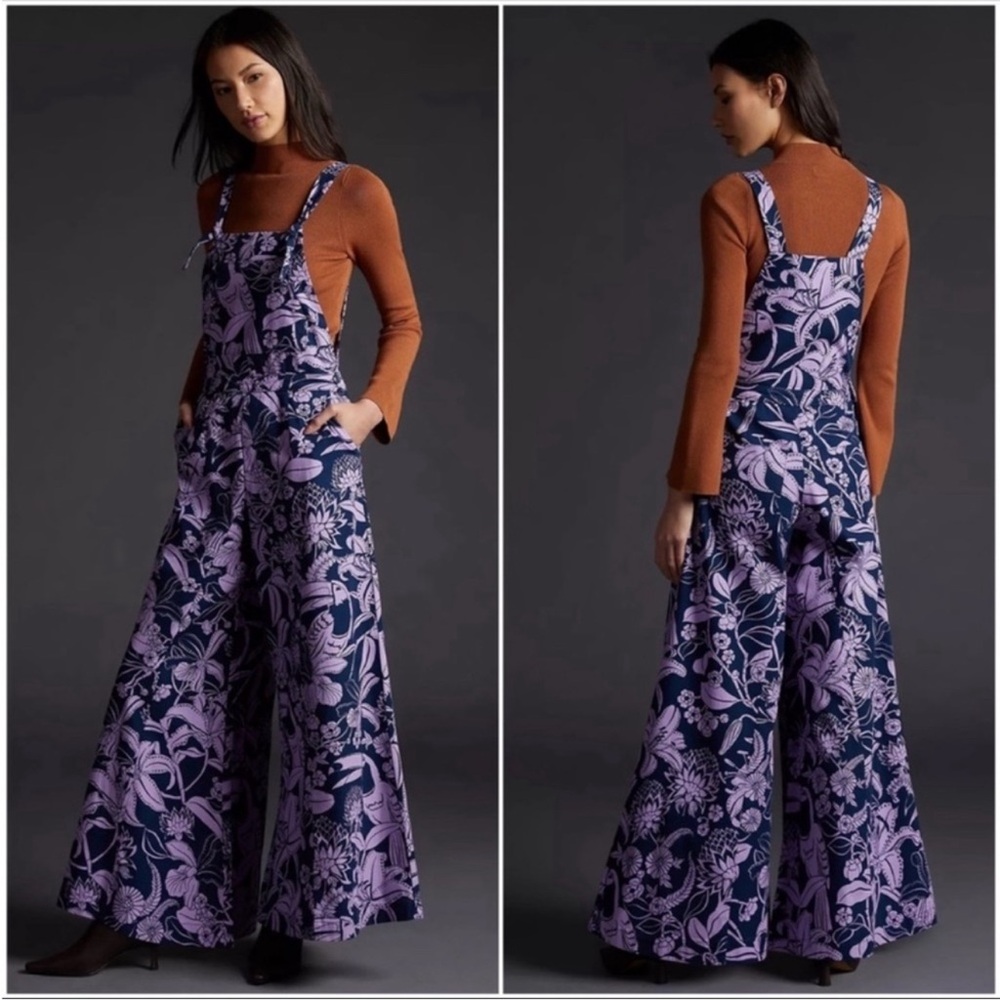 FARM Rio for Anthropologie Floral Purple and Navy Overalls